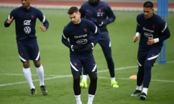 Les joueurs de l'équipe de France lors d'une séance d'entraßnement au centre national du football de Clairefontaine, le 22 mars 2021