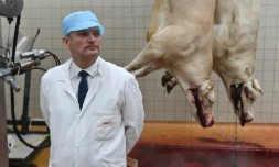 Le prĂ©sident de la Commission parlementaire chargĂ© d'enquĂȘter sur les abattoirs Olivier Falorni, dans un abattoir Ă SurgĂšres, le 20 juin 2016