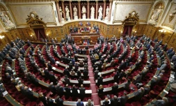 Les sénateurs debouts dans l'hémicycle, observent une minute de silence le 7 avril 2015 à Paris