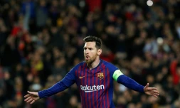 L'attaquant du Barça Lionel Messi auteur d'un doublé face à l'OL en 8e de finale retour de C1 AU camp Nou, le 13 mars 2019