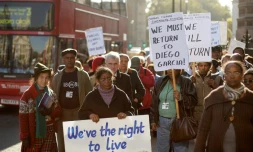 Des anciens habitants des Chagos et leurs descendants manifestent devant le Parlement à Londres, le 22 octobre 2008