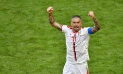 Le capitaine de la Serbie Aleksandar Kolarov buteur face au Costa Rica à Samara, le 17 juin 2018