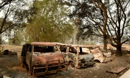 Des carcasses calcinées de véhicules aprÚs des incendies de brousse à Old Bar à 350 kms au nord de Sydney le 11 novembre 2019