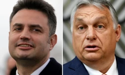 Peter Marki-Zay, (G), Ă Budapest le 15 mars 2022, et le Premier ministre hongrois actuel Viktor Orban (D) Ă Bruxelles le 24 juin 2021
