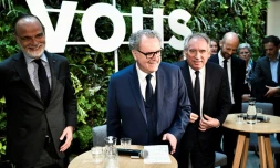 (g-d) Edouard Philippe (Horizons), Richard Ferrand, président LREM de l'Assemblée nationale, François Bayrou (MoDem) et Stanislas Guerini, secrétaire délégué de LREM, lors d'une conférence de presse après une réunion du bureau exécutif du LREM, le 5 mai 2022 à Paris