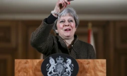 La PremiÚre ministre britannique Theresa May lors d'une conférence de presse à Londres, le 14 avril 2018