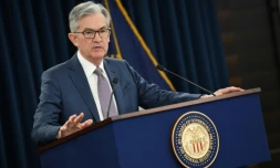 Le président de la Fed Jerome Powell lors d'une conférence de presse, le 3 mars 2020 à Washington 