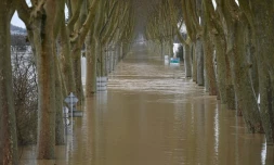 Cette photographie montre la Garonne en crue inondant une route à Tonneins, dans le sud-ouest de la France, le 13 février 2026