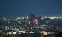 Frappe israélienne sur le siège de la chaîne de télévision libanaise Al-Manar, affiliée au Hezbollah, le 3 mars 2026 dans la banlieue sud de Beyrouth