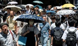 Des piétons se protègent de la chaleur avec des ombrelles, le 30 juillet 2023 à Tokyo