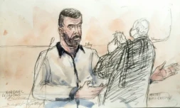 Croquis d'audience réalisé le 7 février 2022 montrant Nordahl Lelandais (G) et Me Yves Crespin devant la cour d'assises de l'IsÚre à Grenoble