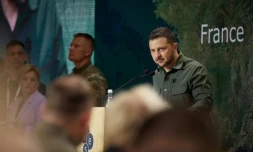 Le président ukrainien Volodymyr Zelensky lors d'une conférence à Kiev le 8 septembre 2023