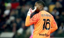 Le gardien de l'AC Milan Mike Maignan, cible d'injures racistes, lors du match entre l'Udinese et son club, comptant pour la 21e journée du Championnat d'Italie, le 20 janvier 2024