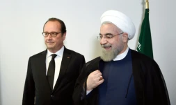Les présidents français Francois Hollande et iranien Hassan Rohani lors d'une rencontre en marge de l'assemblée générale de l'Onu le 27 septembre 2015 à New York