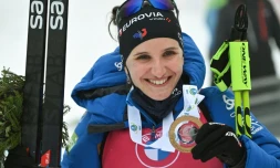La Française Julia Simon, après son succès lors de la mass star d'Anterselva, le 23 janvier 2021