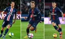 (g à d) L'Argentin Angel Di Maria, à Paris, le 9 février 2020; le Brésilien Neymar, à Paris, le 7 octobre 2018; et l'Argentin Leandro Paredes, à Paris, le 7 avril 2019