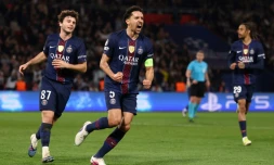 Le capitaine du PSG Marquinhos (c) buteur contre Monaco, le 25 février 2026 au Parc des Princes
