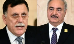 Photos du chef du gouvernement d'union libyen (GNA), Fayez al-Sarraj (G), et de l'homme fort de l'est libyen, le maréchal Khalifa Haftar, prises respectivement le 7 août 2017 à Tunis et le 18 septembre 2017 également en Tunisie