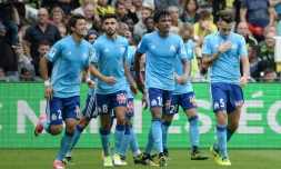 Les joueurs de Marseille après un but de Lucas Ocampos, le 12 août 2017 à Nantes