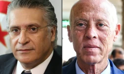 Montage de photos créé le 16 septembre 2019 montrant les deux candidats à la présidentielle tunisienne Nabil Karoui (G) magnat des médias actuellement emprisonné et Kais Saied (D), universitaitaire indépendant sans affiliation politique. Ces deux candidats sont qualifiés au second tour, selon des résultats partiels