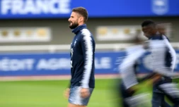 L'attaquant des Bleus Olivier GIroud lors d'une séance d'entraßnement, le 8 octobre 2019 à Clairefontaine