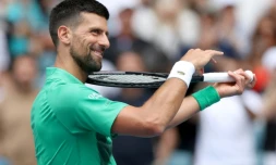 Le Serbe Novak Djokovic après sa qualification en finale du Masters 1000 de Miami aux dépens du Bulgare Grigor Dimitrov, le 28 mars 2025