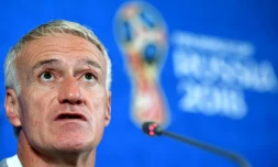 Le sélectionneur de l'équipe de France Didier Deschamps en conférence de presse, le 15 juin 2018 à Kazan