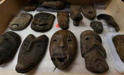 Des masques anciens, le 12 avril 2019, découverts prÚs de Quinhagak, en Alaska