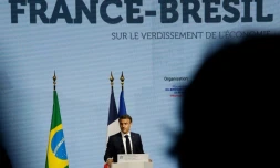 Emmanuel Macron lors du Forum Ă©conomique France-BrĂ©sil Ă la FĂ©dĂ©ration des industries de l'Ătat de Sao Paulo (FIESP) Ă Sao Paulo au BrĂ©sil, le 27 mars 2024