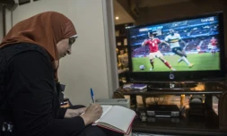Manar Sarhan devant une retransmission du match pays de Galles/Belgique, le 1er juillet 2016 au Caire