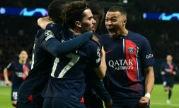 Les Parisiens célÚbrent le but de Ousmane Dembélé inscrit contre le FC Barcelone, en quart de finale aller de C1, à Paris, le 10 avril 2024
