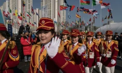 Les pom-pom girls nord-coréennes lors d'une cérémonie pour accueillir les athlètes nord-coréens au village olympique, le 8 février 2018 à Pyeongchang, en Corée du Sud