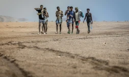 Des migrants éthiopiens marchent dans le désert, le 12 avril 2026, près d'Obock à Djibouti, en direction de l'Ethiopie, après avoir échoué à traverser jusqu'au Yémen