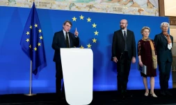 Les nouveaux leaders de l'Union européenne, de gauche à droite le président du Parlement européen David Sassoli, le président du Conseil européen Charles Michel, la présidente élue de la Commission européenne Ursula von der Leyen, et la présidente de la Banque centrale européenne Christine Lagarde, lors d'une conférence de presse le 1er décembre 2019 à Bruxelles

