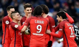 Les joueurs du PSG se congratulent après un but d'Edinson Cavani face à Bastia, le 6 mai 2017 au Parc des Princes