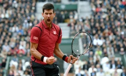 Novak Djokovic exulte après sa victoire sur Dominic Thiem en demi-finale à Roland-Garros, le 3 juin 2016
