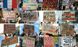 Combinaison de photographies créée le 14 octobre 2026 de pancartes brandies lors des manifestations lycéennes du 6 au 13 octobre 2026 dans plusieurs villes de France