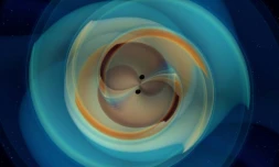 Image d'artiste représentant la fusion de deux trous noirs (GW190521) et les ondes qu'ils propagent