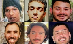 Cette combinaison d'images créée le 20 février 2025 montre des otages israéliens détenus dans la bande de Gaza, dont la libération a été annoncée par le mouvement palestinien Hamas pour le 22 février 2025: (dans le sens des aiguilles d'une montre) Avraham Mengistu, Hicham al-Sayed, Omer Wenkert, Eliya Cohen, Omer Shem Tov et Tal Shoham.
