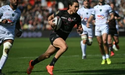L'ailier italien de Toulouse Ange Capuozzo inscrit un triplé contre Pau lors de la 20e journée de Top 14 ,le 29 mars 2025 à Toulouse