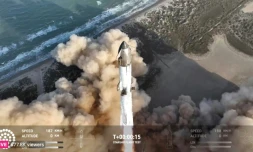 Photographie tirée de la retransmission vidéo du lancement de la fusée Starship de l'entreprise SpaceX, près de Boca Chica, au Texas, le 6 mars 2025