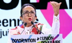 L'actuelle présidente de la région Réunion Huguette Bello lors d'un meeting LFI à Villepinte, le 16 mars 2024 en Seine-Saint-Denis