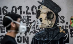 L'artiste Angel Crow devant une de ses oeuvres, dans une rue Ă Paris, le 22 avril 2020