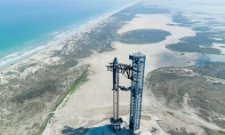 La fusée Starship de SpaceX sur son aire de lancement à la base spatiale Starbase, au Texas, le 15 avril 2023