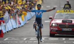 Le Colombien Nairo Quintana (Movistar), vainqueur de la 18e étape du Tour de France, le 25 juillet 2019 à Valloire 