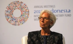 La directrice du Fonds monétaire international (FMI) Christine Lagarde lors d'une conférence à Bali, où FMI et Banque mondiale tiennent leur réunion annuelle