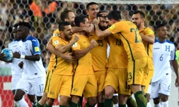 Le milieu de l'Australie Mile Jedinak (c) est congratulé par ses équipiers après son but face au Honduras en qualif pour le Mondial-2018, le 15 novembre 2017 à Sydney