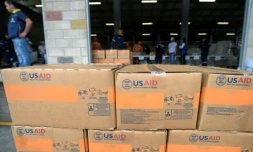 Des cartons d'aide humanitaire américaine à Cucuta (Colombie), à la frontière avec le Venezuela, le 8 février 2019