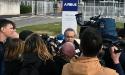 Le secrétaire FO d'Airbus, Jean-Marc Escourrou, lors d'un point presse à  l'issue du Conseil d'entreprise européen d'Airbus, le 7 mars 2018 à Blagnac