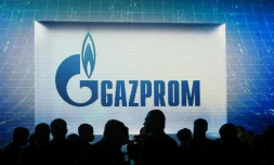 Le logo de Gazprom lors d'un forum international sur le gaz, à Saint-Pétersbourg, le 7 octobre 2021